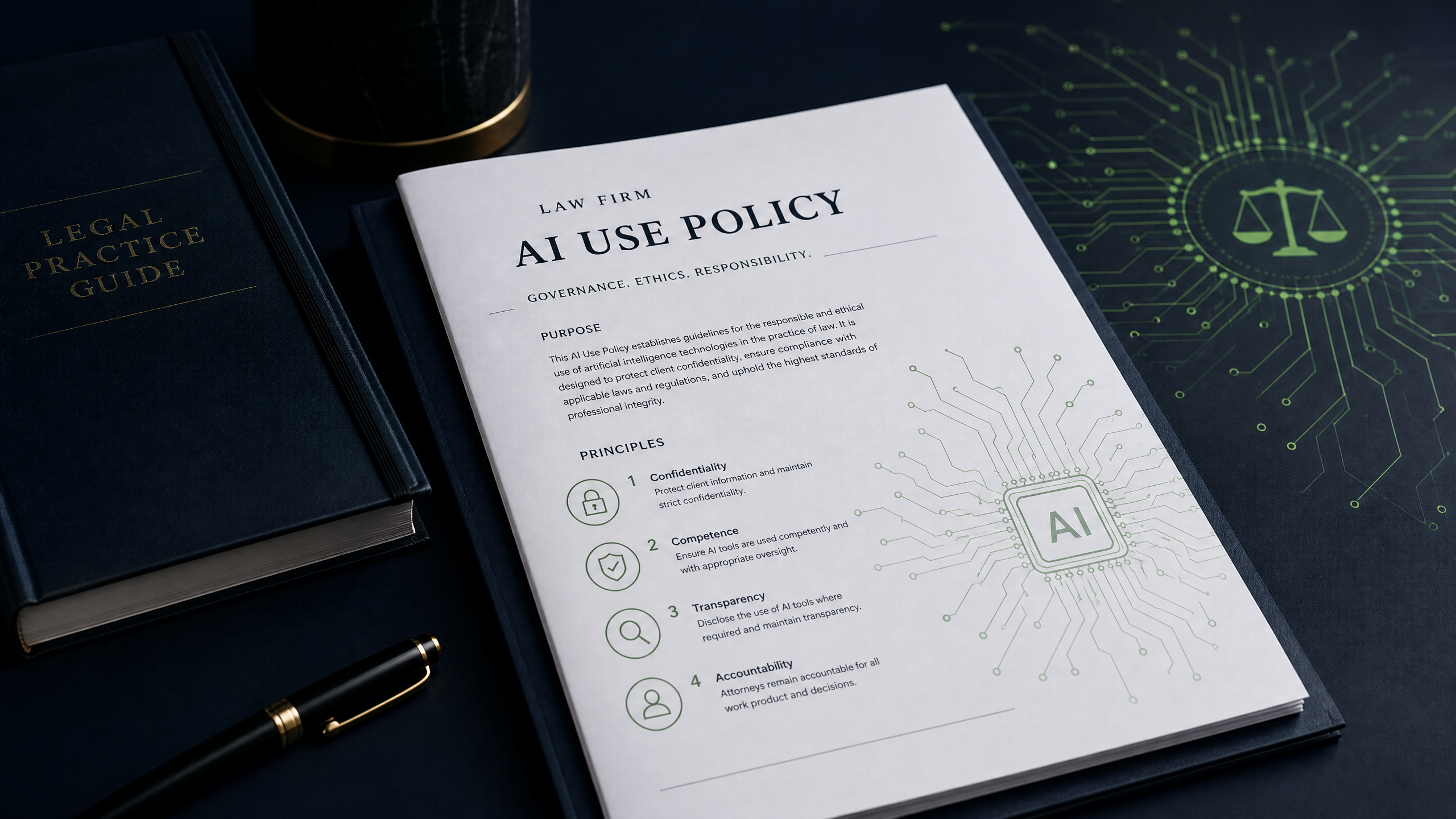 A formal Law Firm AI Use Policy document on a dark desk with AI circuit pattern in the background