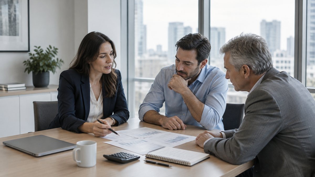 Three professionals reviewing a printed budget worksheet with a calculator and notepad at a conference table in a bright office