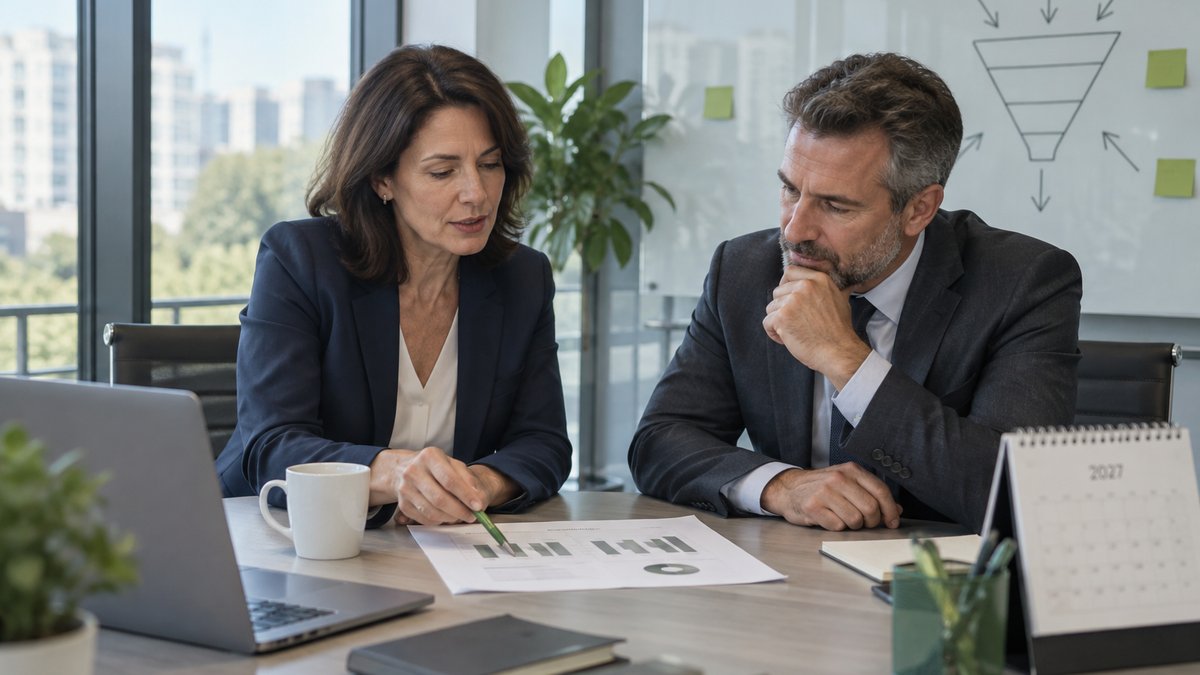 Two law firm partners reviewing a printed marketing plan with charts beside a 2027 desk calendar in a bright office