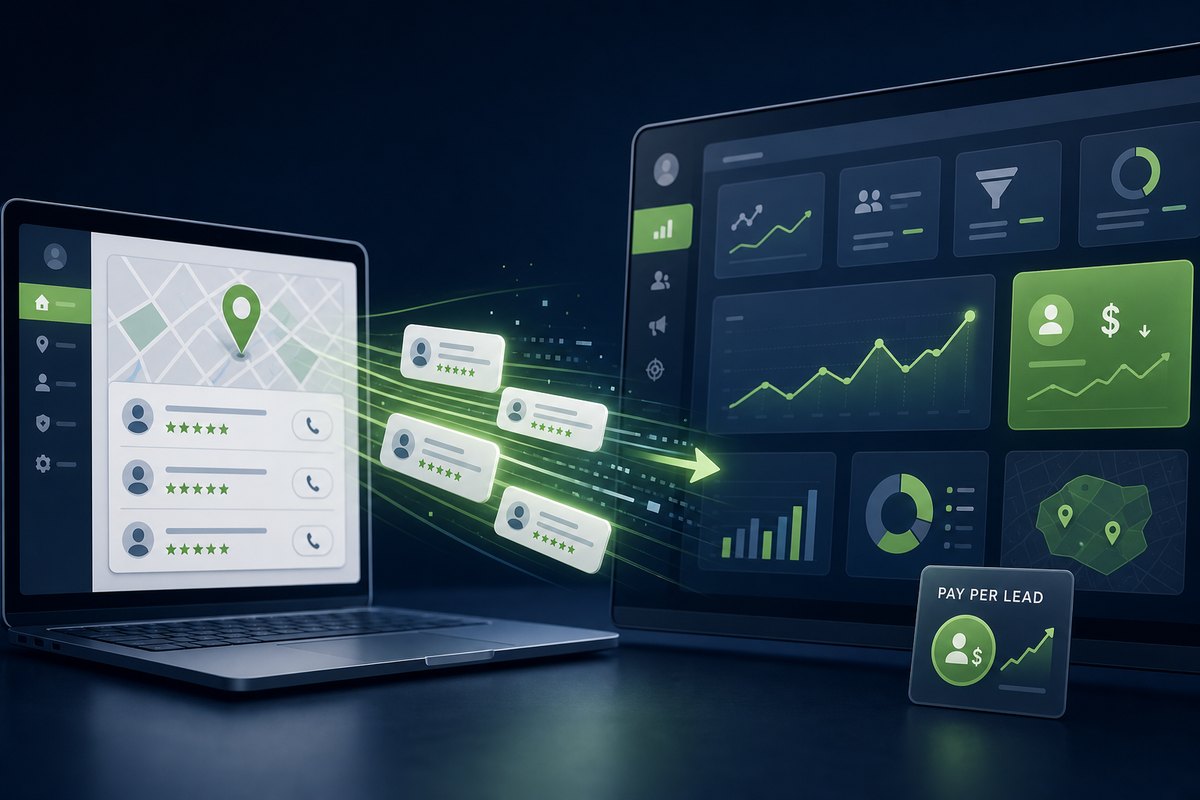 Illustration of Google Local Services Ads lead cards flowing from the standalone LSA dashboard into a larger Google Ads Performance Max dashboard with pay-per-lead reporting