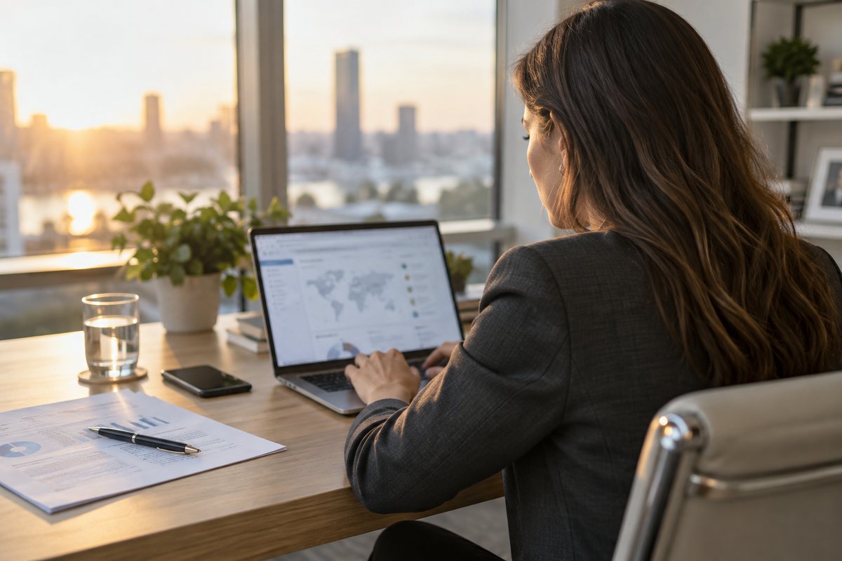 Marketing consultant working on a laptop at a desk by a window in late-afternoon light, with a printed report and pen beside her