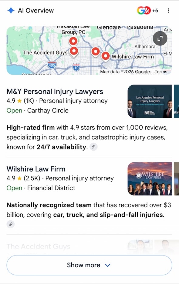 AI local pack result for personal injury lawyer in Los Angeles, showing M&Y Personal Injury Lawyers and Wilshire Law Firm with AI-generated summaries